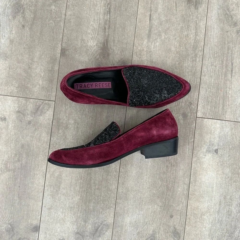 Tracy Reese Womens Size 8.5 Burgundy Suede Glitter Jewel Front Loafers